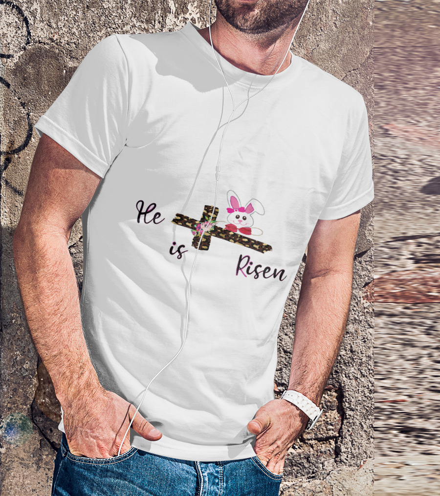 He Is Risen Leopard Print Cross Easter Bunny T-Shirt