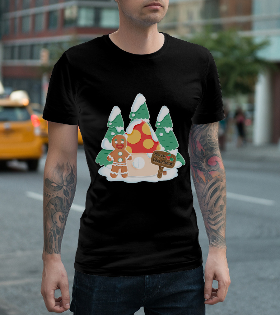 Merry Christmas Gingerman House with Snowy Trees and Mushroom Roof T-Shirt