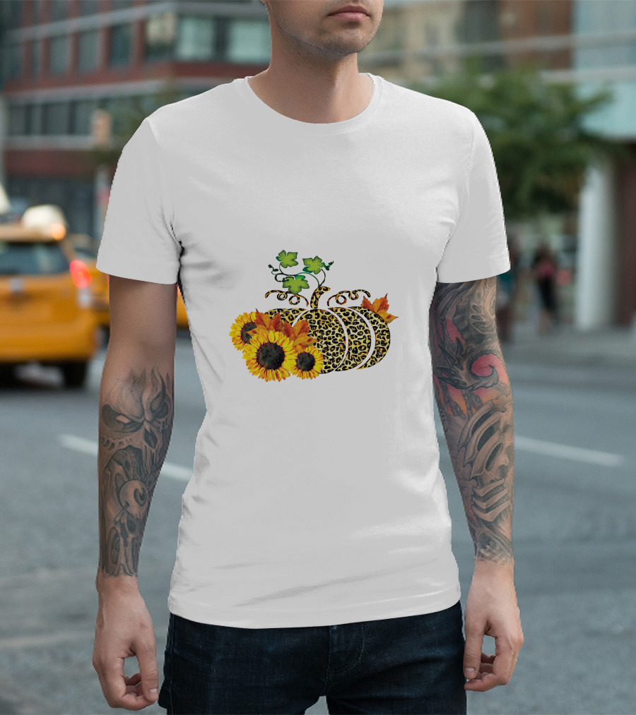 Thanksgiving Leopard Pumpkin Sunflowers and Leaves T-Shirt