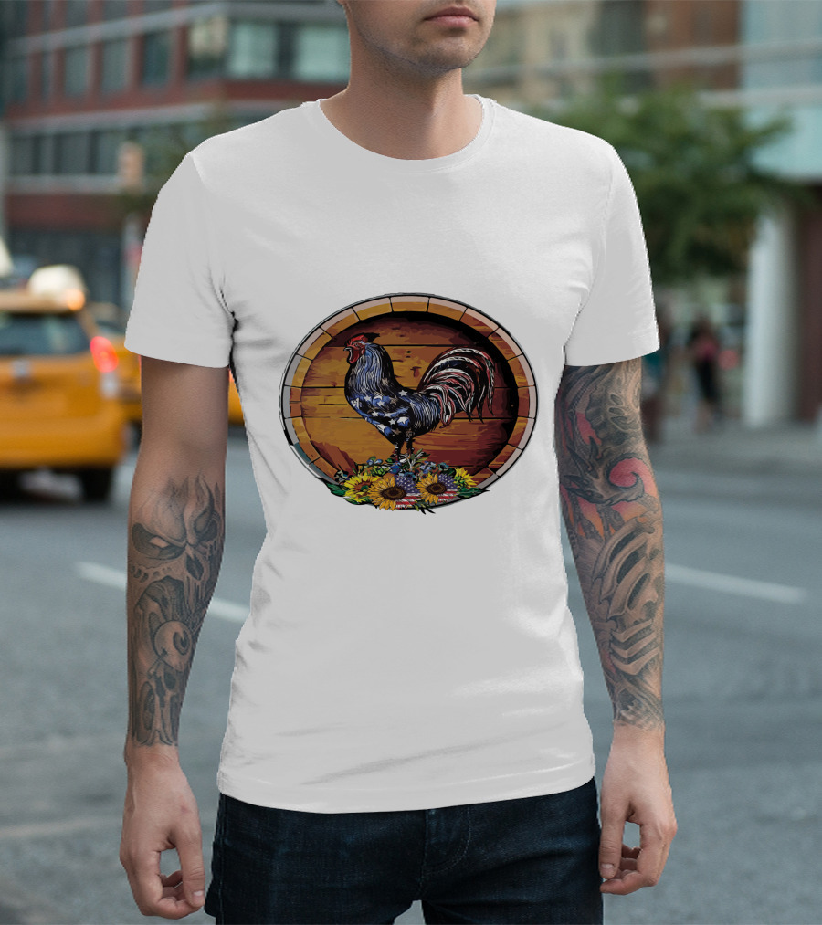 USA Rooster on Wine Barrel with Sunflowers T-Shirt