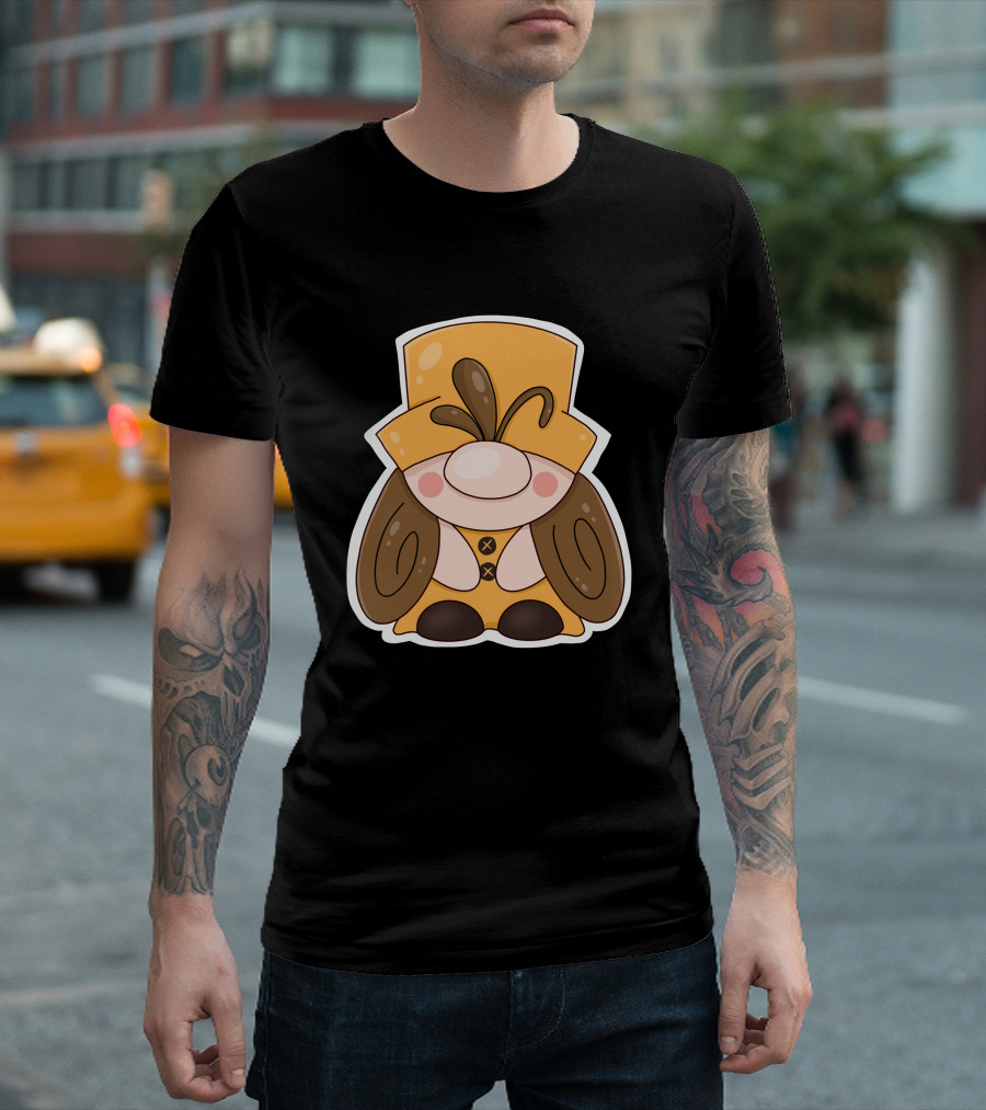 Gnome Vibes Whimsical Yellow Hat Brown Twirls T-Shirt