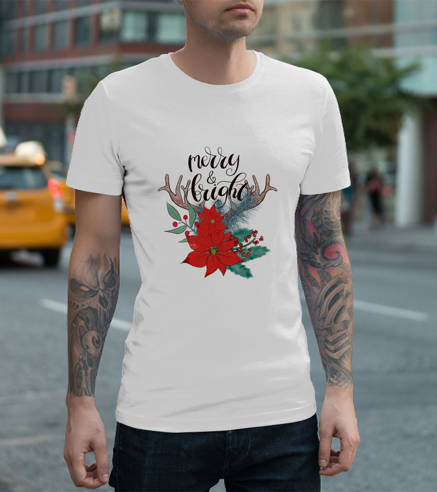Merry And Bright Antler Poinsettia Christmas Florals T-Shirt