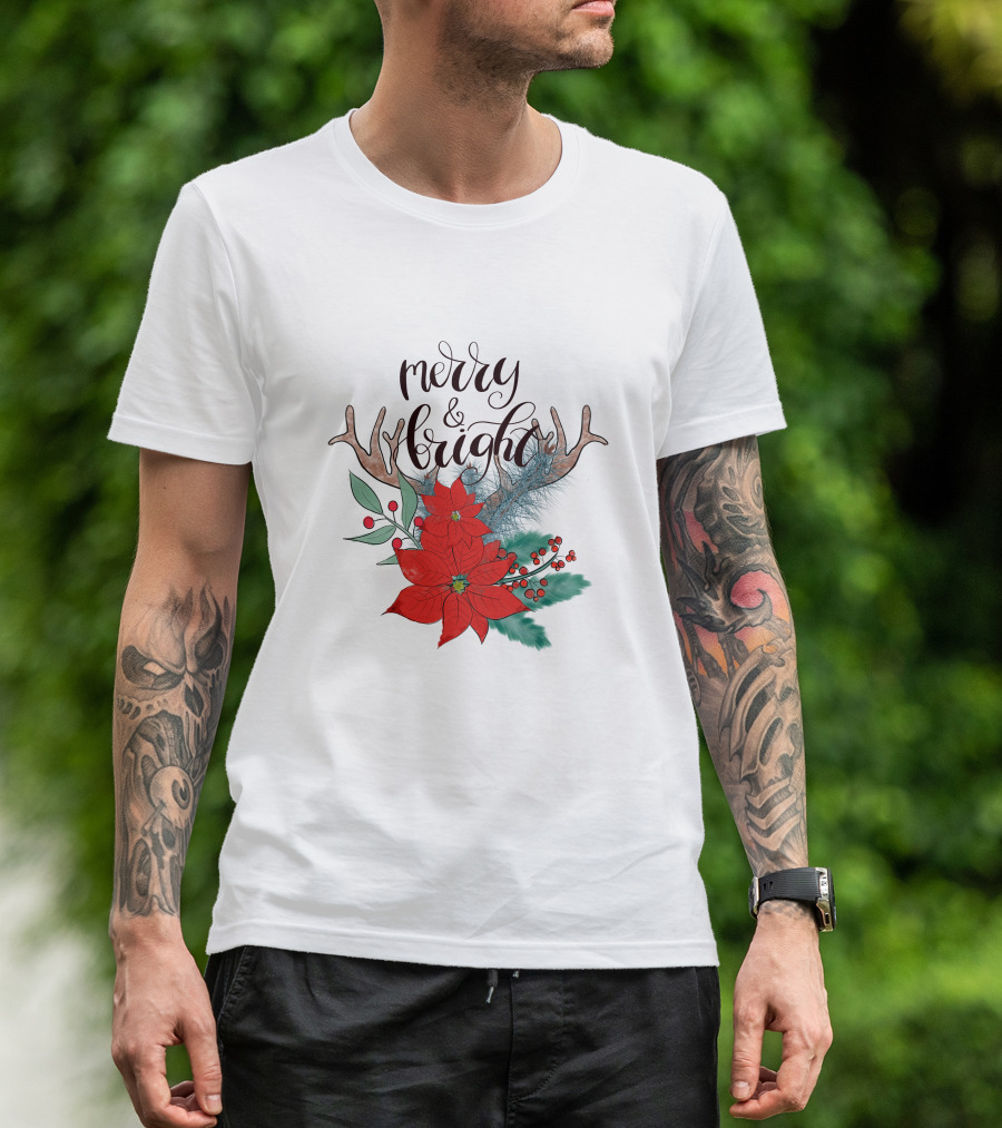 Merry And Bright Antler Poinsettia Christmas Florals T-Shirt