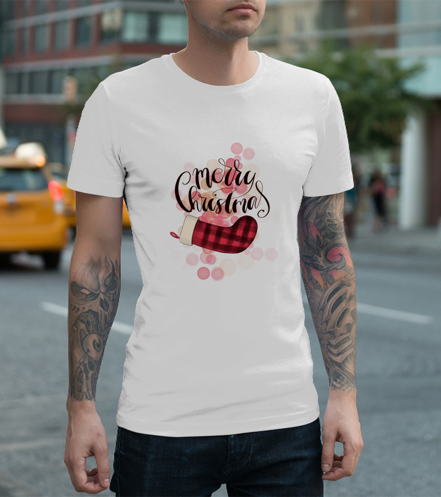 Merry Christmas Plaid Sock Pink Bubbles T-Shirt