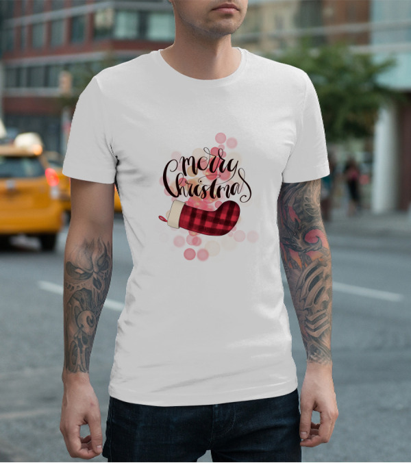 Merry Christmas Plaid Sock Pink Bubbles T-Shirt