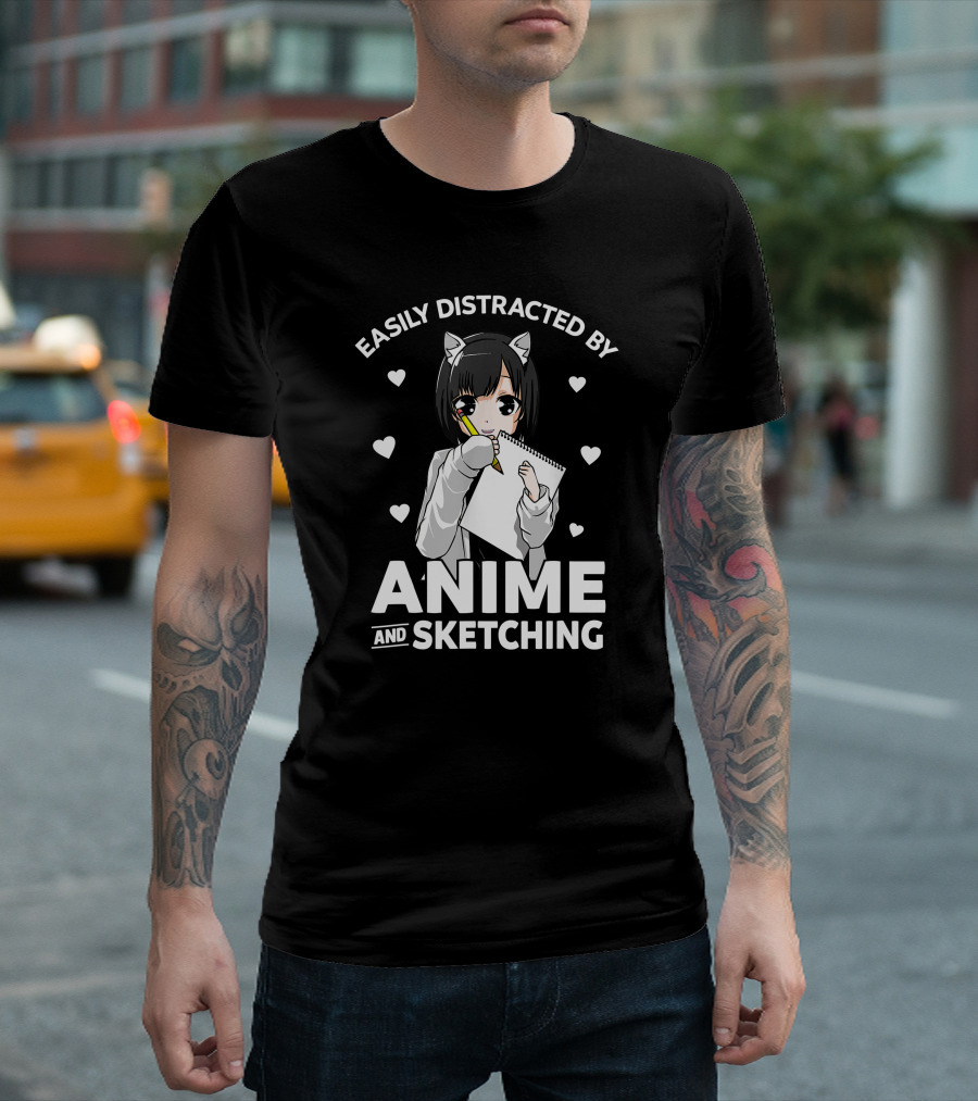 Easily Distracted by Anime and Sketching Cute Anime Girl with Sketchbook and Hearts T-Shirt