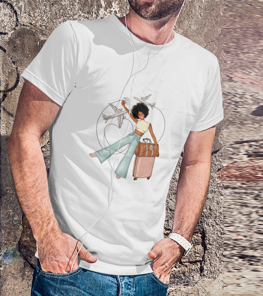Traveling African American Girl With Suitcase And Airplanes T-Shirt