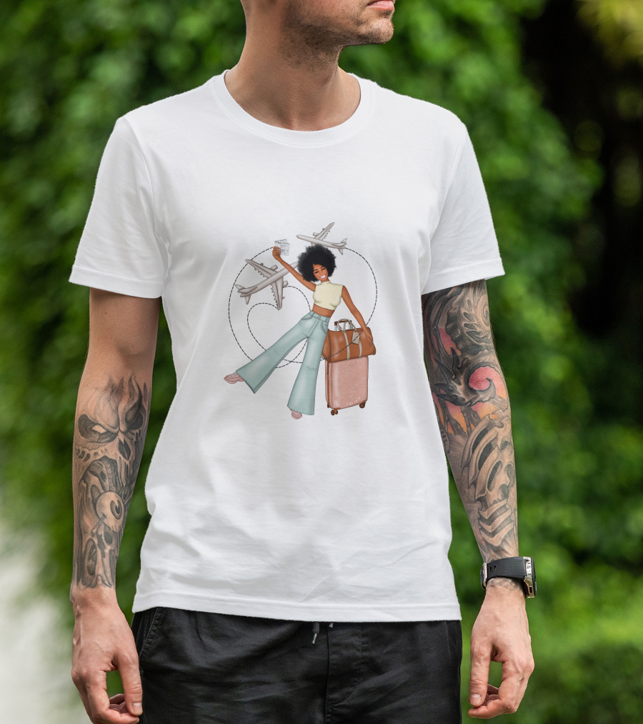Traveling African American Girl With Suitcase And Airplanes T-Shirt