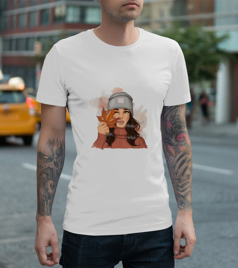 Autumn Girl Cozy Sweater and Beanie with Leaves T-Shirt