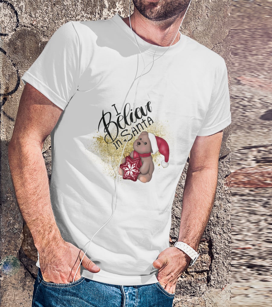 I Believe In Santa Bear With Red Hat And Star Cookie T-Shirt