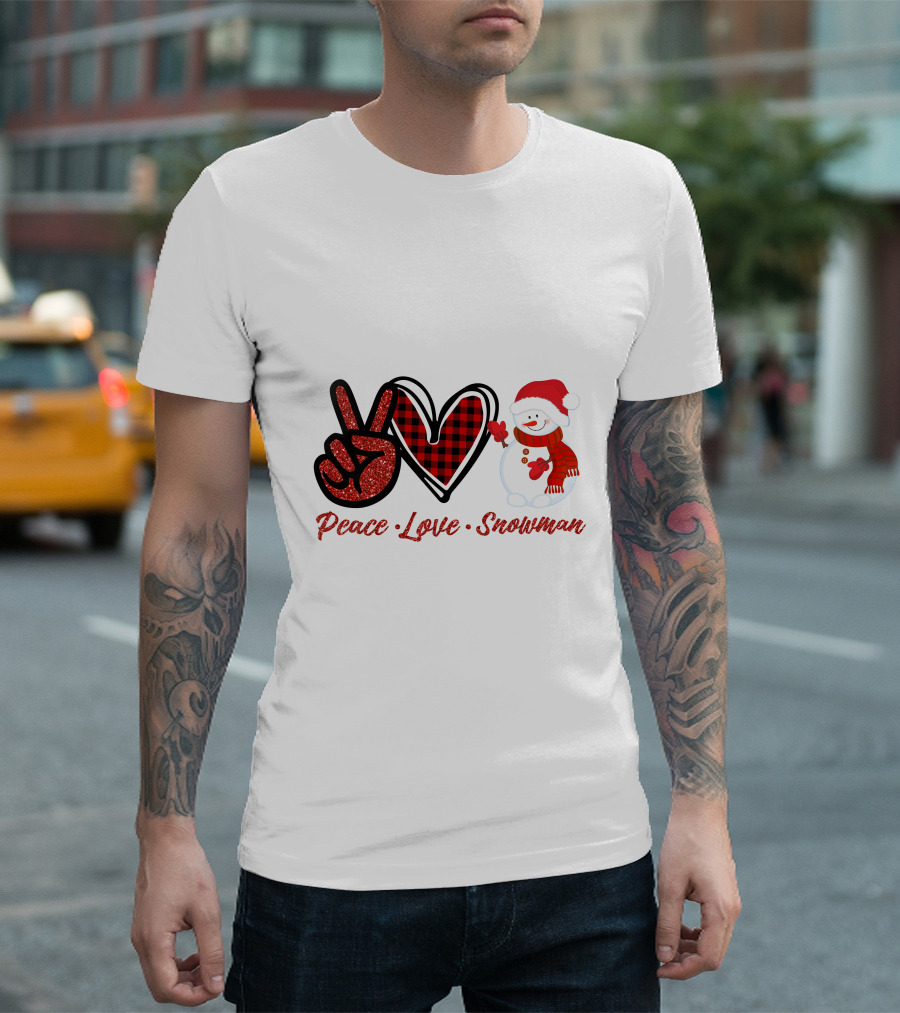 Peace Love Snowman Plaid Heart Glitter Peace Sign T-Shirt