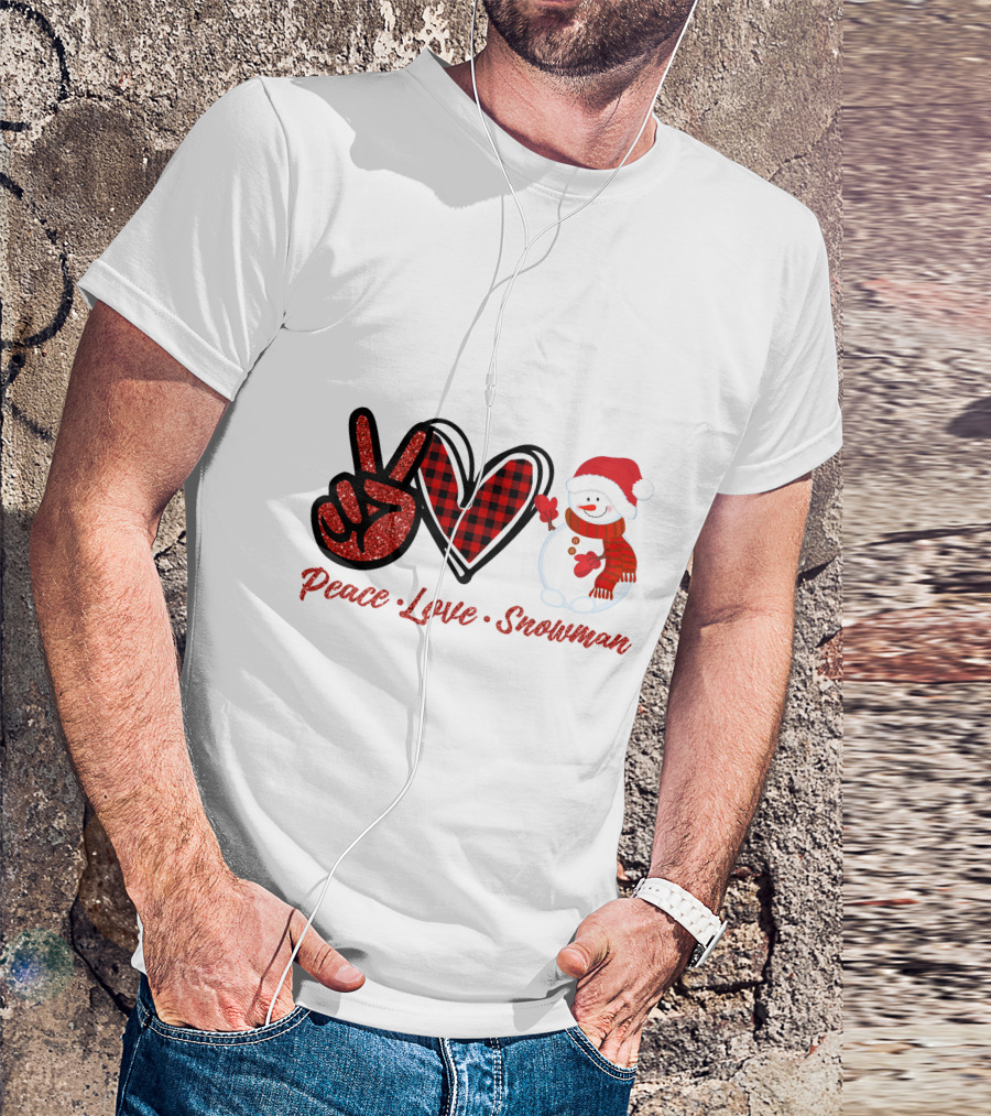 Peace Love Snowman Plaid Heart Glitter Peace Sign T-Shirt