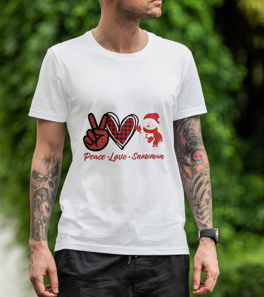 Peace Love Snowman Plaid Heart Glitter Peace Sign T-Shirt