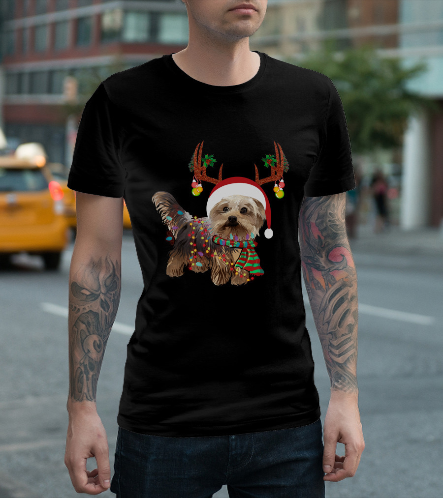 Christmas Cute Dog With Santa Hat And Reindeer Antlers T-Shirt