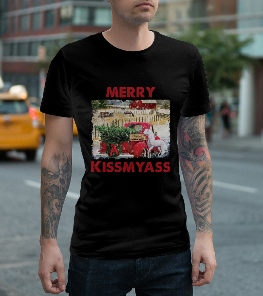 Merry Kissmyass Vintage Truck Christmas Scene with Horse in Snowy Farm Landscape T-Shirt