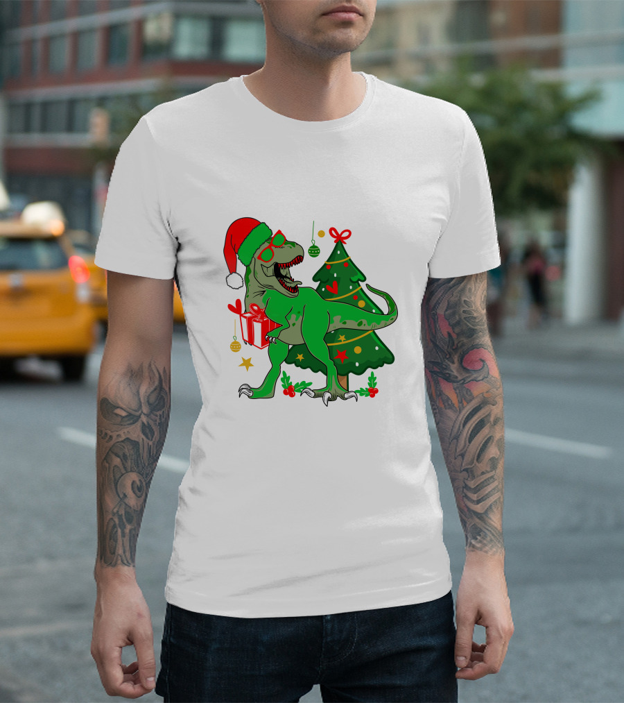 Christmas Dinosaur Santa with Tree and Gift T-Shirt