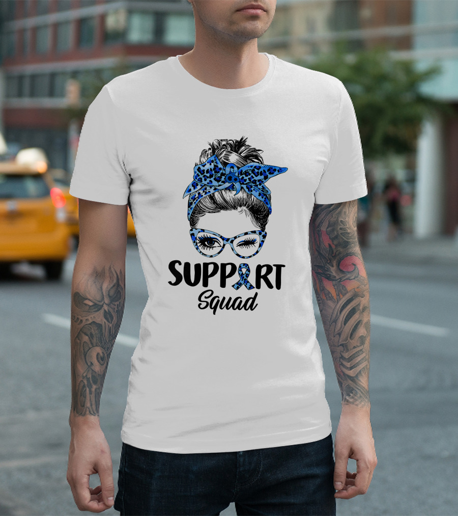 Messy Bun Support Squad Diabetes Awareness Ribbon Glasses and Bandana T-Shirt