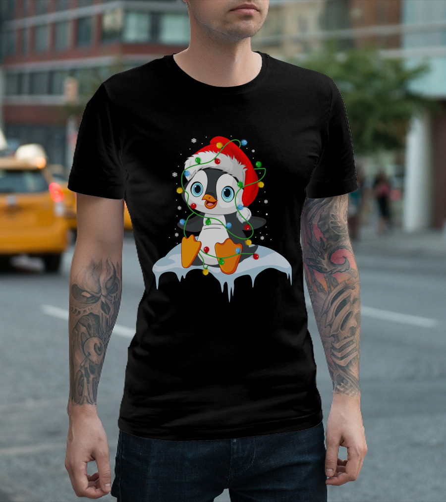 Baby Penguin Santa Christmas Lights Snowflakes T-Shirt