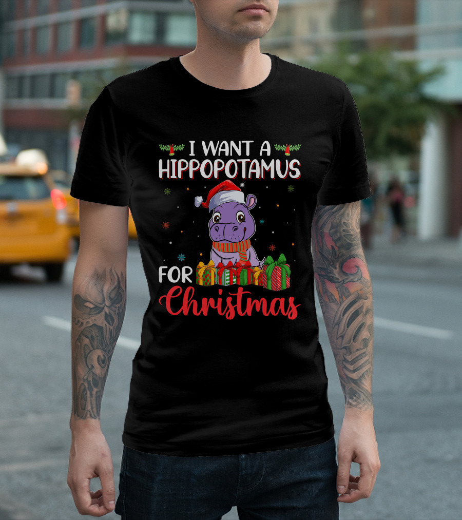 I Want A Hippopotamus For Christmas Santa Hat Present Boxes T-Shirt
