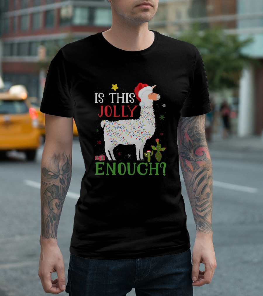 Is This Jolly Enough Christmas Lights Llama Santa Hat T-Shirt