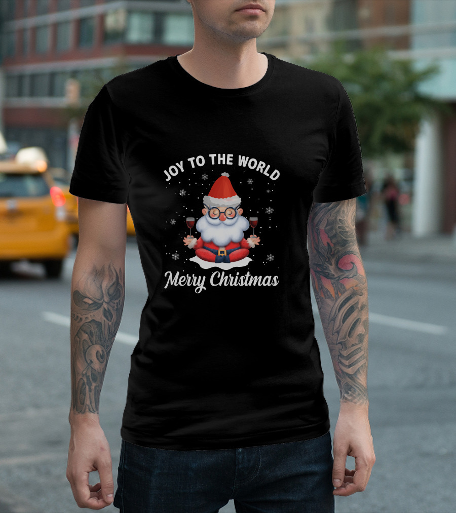 Joy To The World Merry Christmas Santa Meditation With Wine Snowflakes T-Shirt