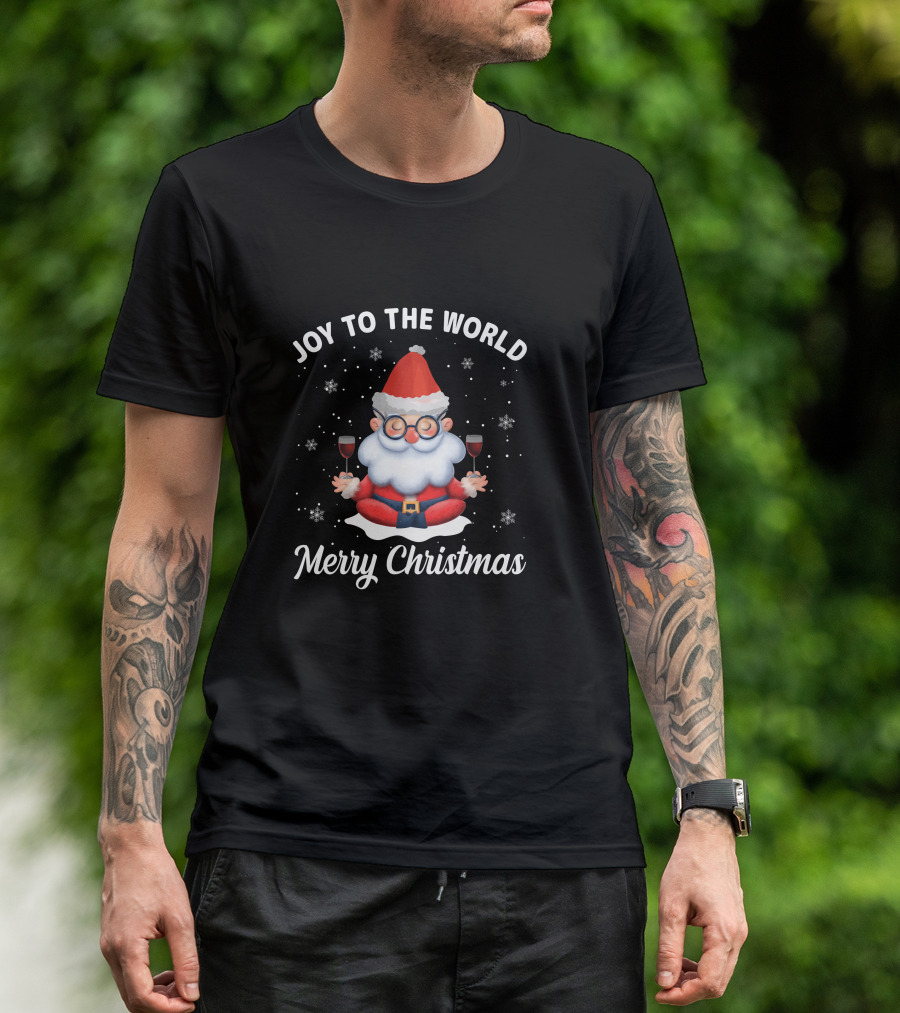 Joy To The World Merry Christmas Santa Meditation With Wine Snowflakes T-Shirt