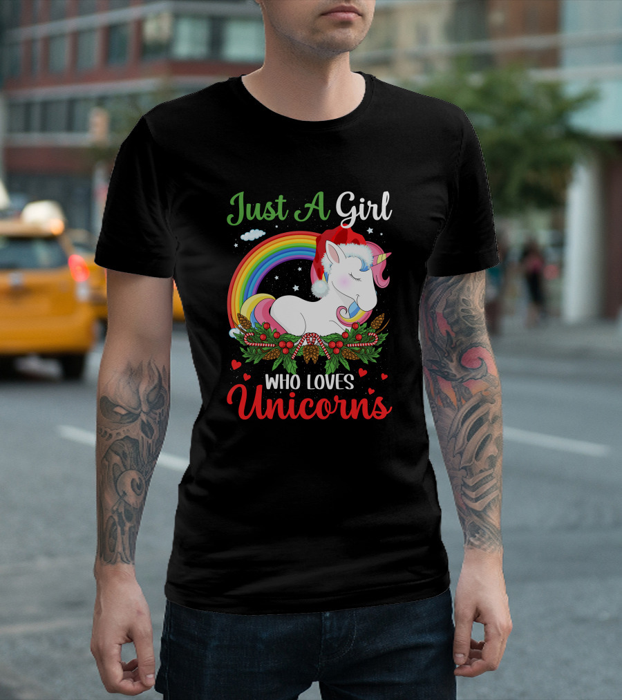 Just A Girl Who Loves Unicorns Rainbow Christmas Santa Hat T-Shirt