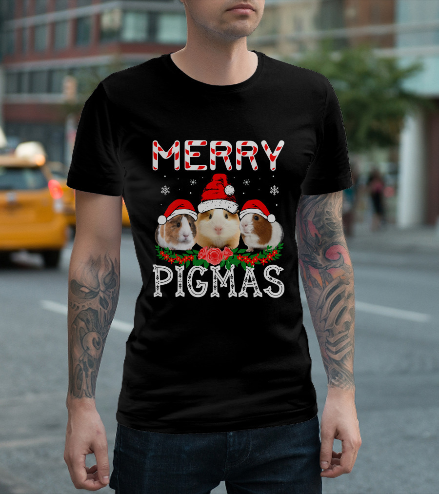 Merry Pigmas Christmas Guinea Pigs with Santa Hats and Snowflakes T-Shirt