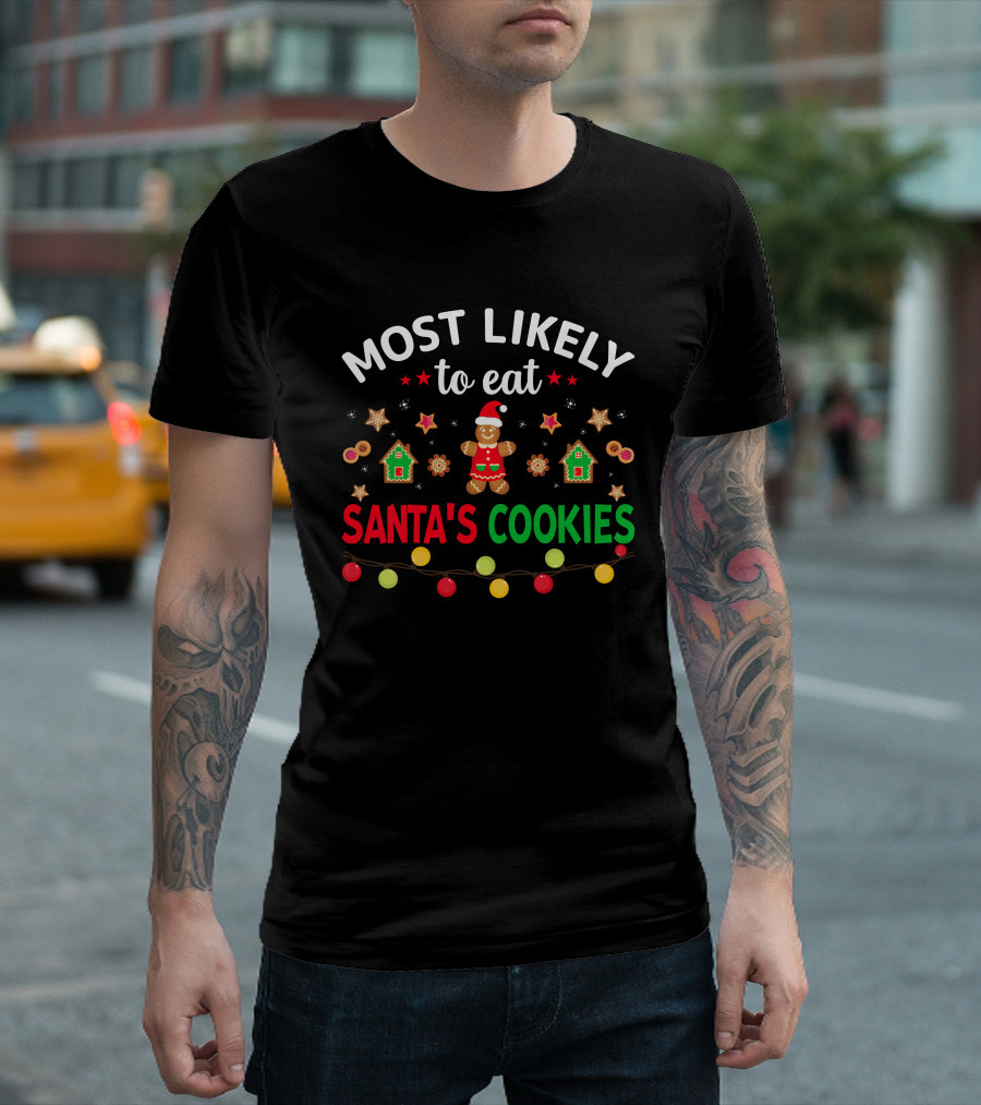 Most Likely to Eat Santa's Cookies Gingerbread Garland Christmas Lights T-Shirt