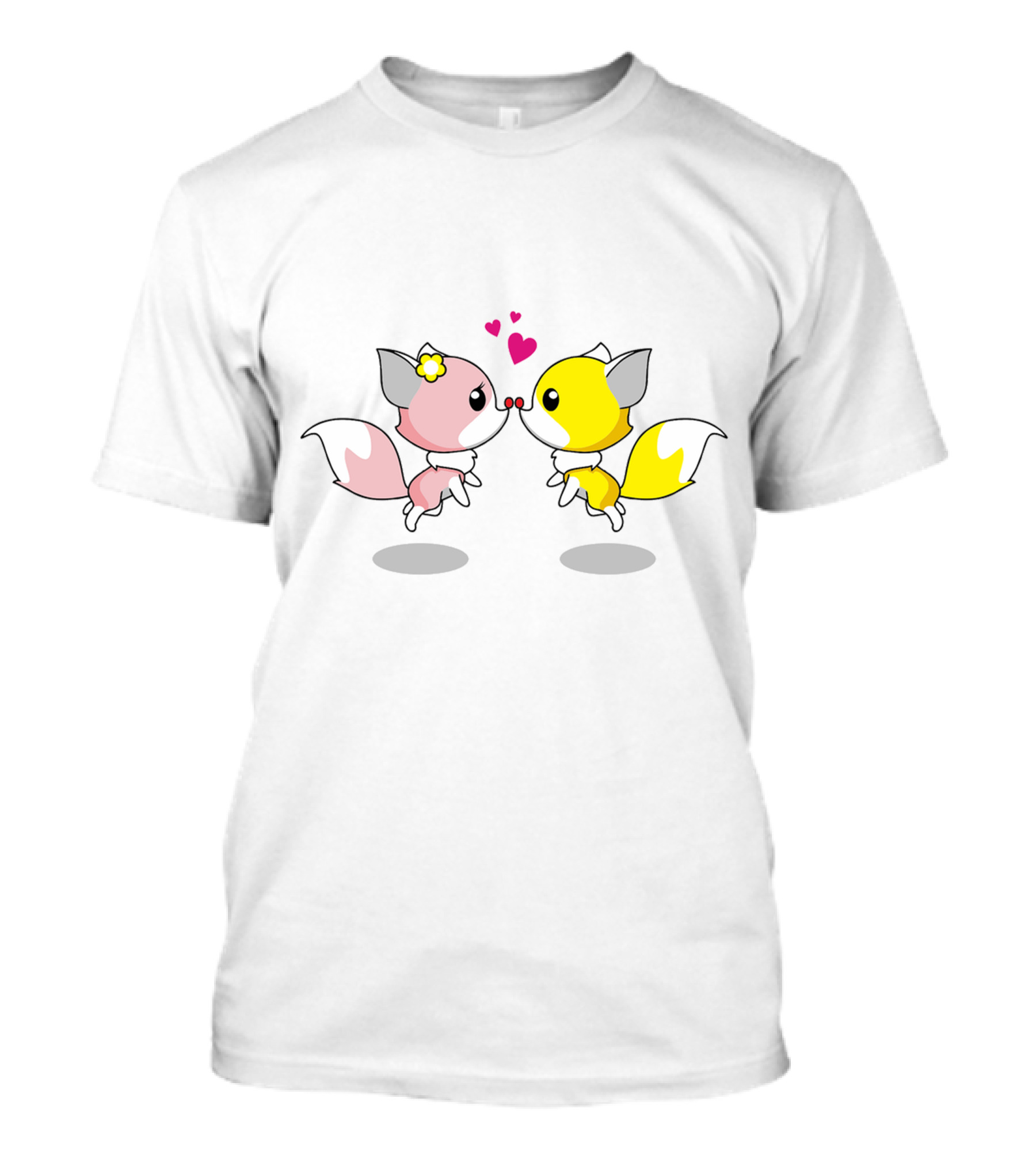 Cute Foxes In Love Kissing Hearts Blossom Yellow Pink Foxes T-Shirt