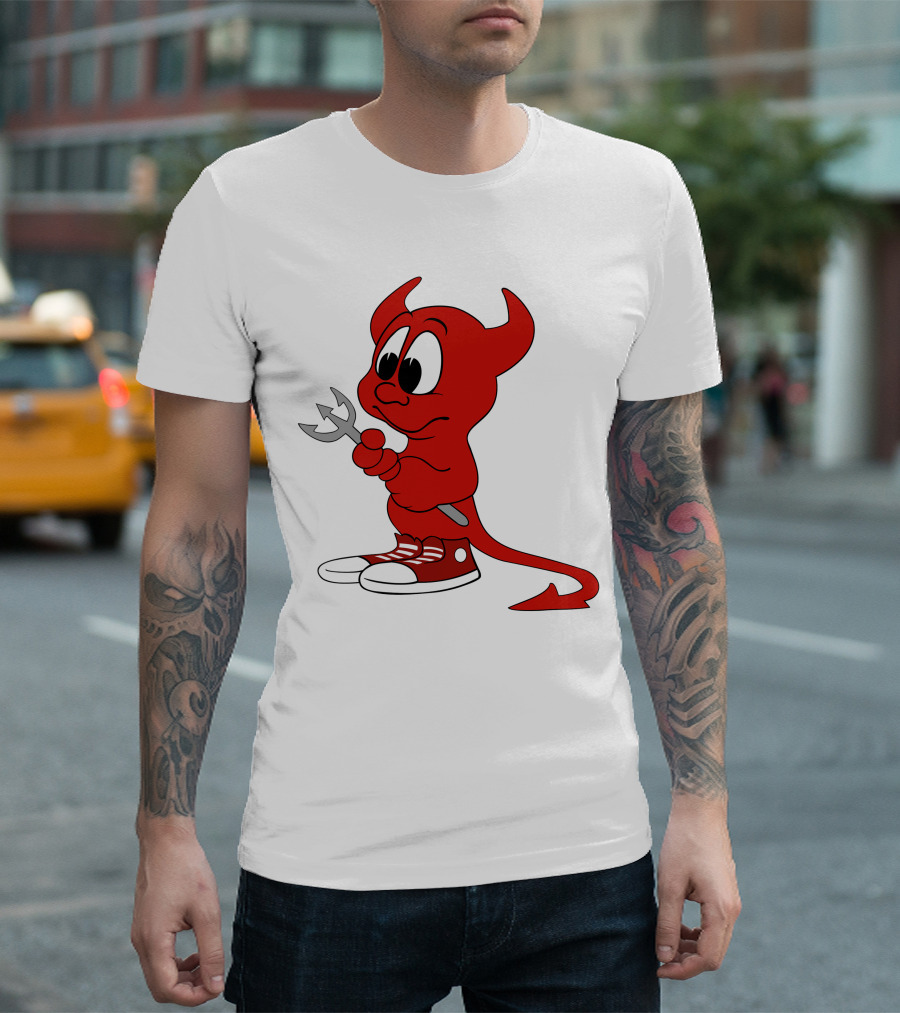 Devil in Sneakers Holding Pitch Fork Cartoon T-Shirt