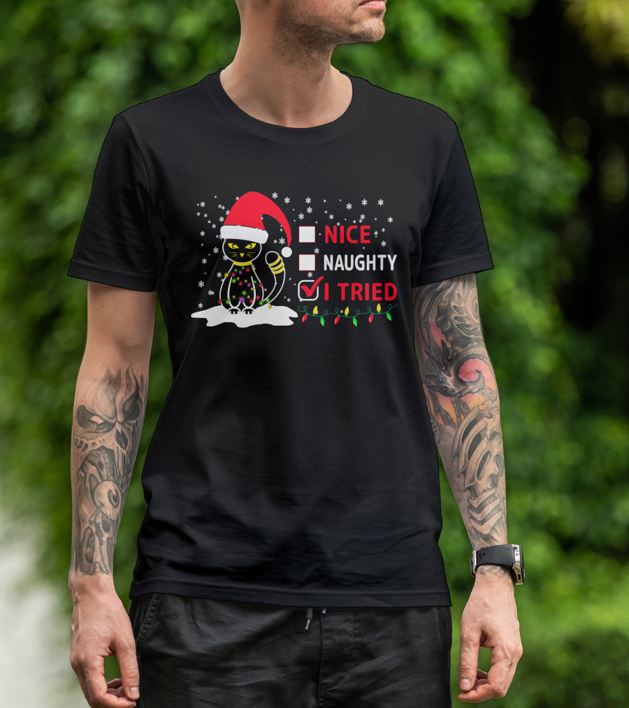 Nice Naughty Tried Christmas Cat Santa Hat Festive Lights T-Shirt