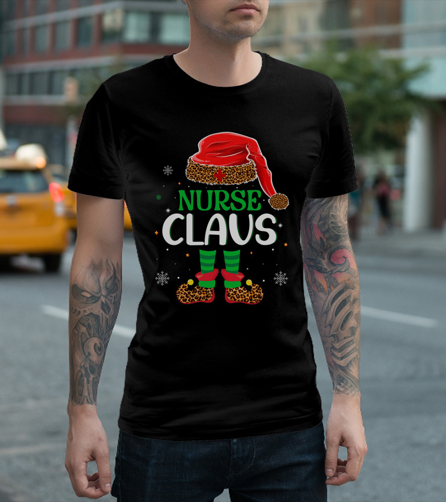 Nurse Claus Christmas Santa Hat Leopard Print Snowflakes T-Shirt