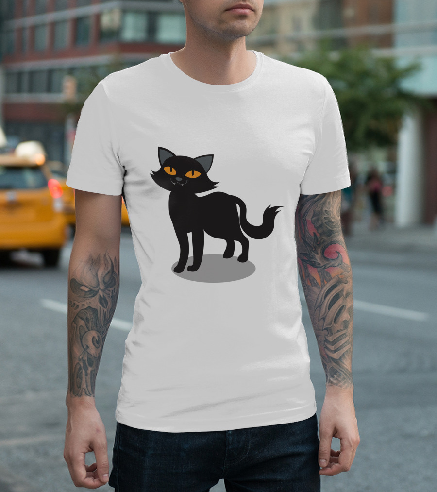Cartoon Black Cat Illustration With Orange Eyes And Shadow T-Shirt
