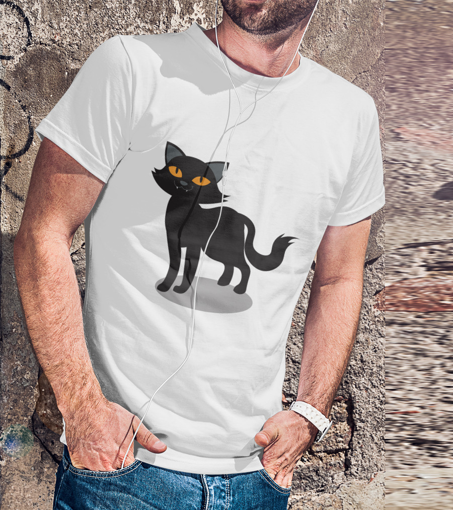 Cartoon Black Cat Illustration With Orange Eyes And Shadow T-Shirt