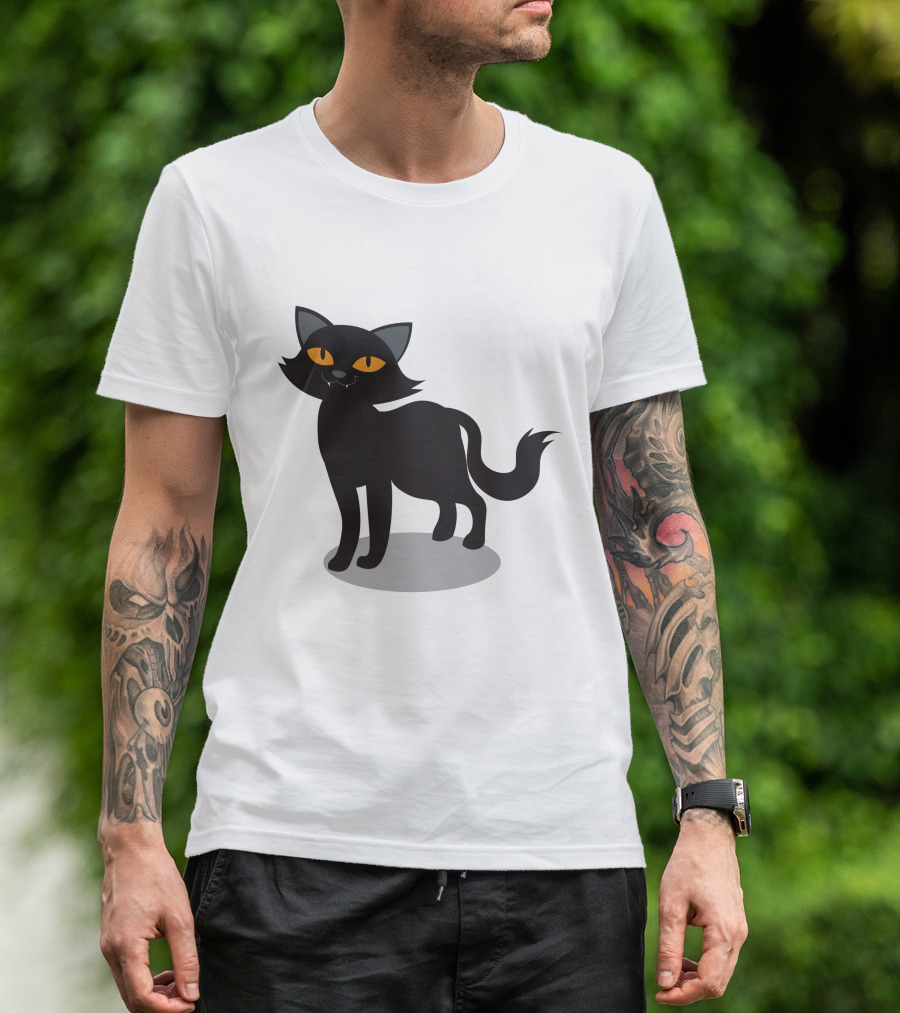 Cartoon Black Cat Illustration With Orange Eyes And Shadow T-Shirt