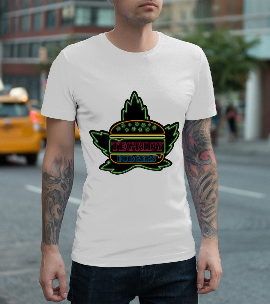 Tegridy Burgers Neon Sign with Leaf and Burger Outline T-Shirt