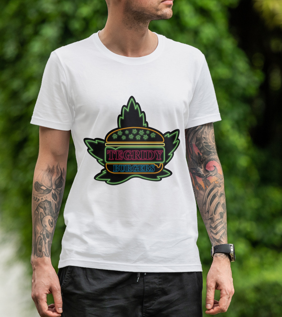 Tegridy Burgers Neon Sign With Leaf And Burger Outline T-Shirt
