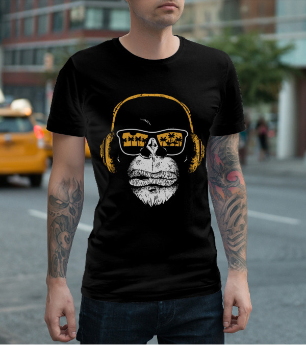 Monkey With DJ Headphones Sunglasses Palm Trees T-Shirt