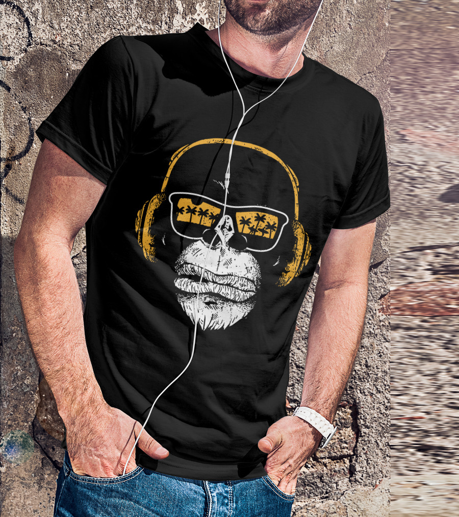 Monkey With DJ Headphones Sunglasses Palm Trees T-Shirt