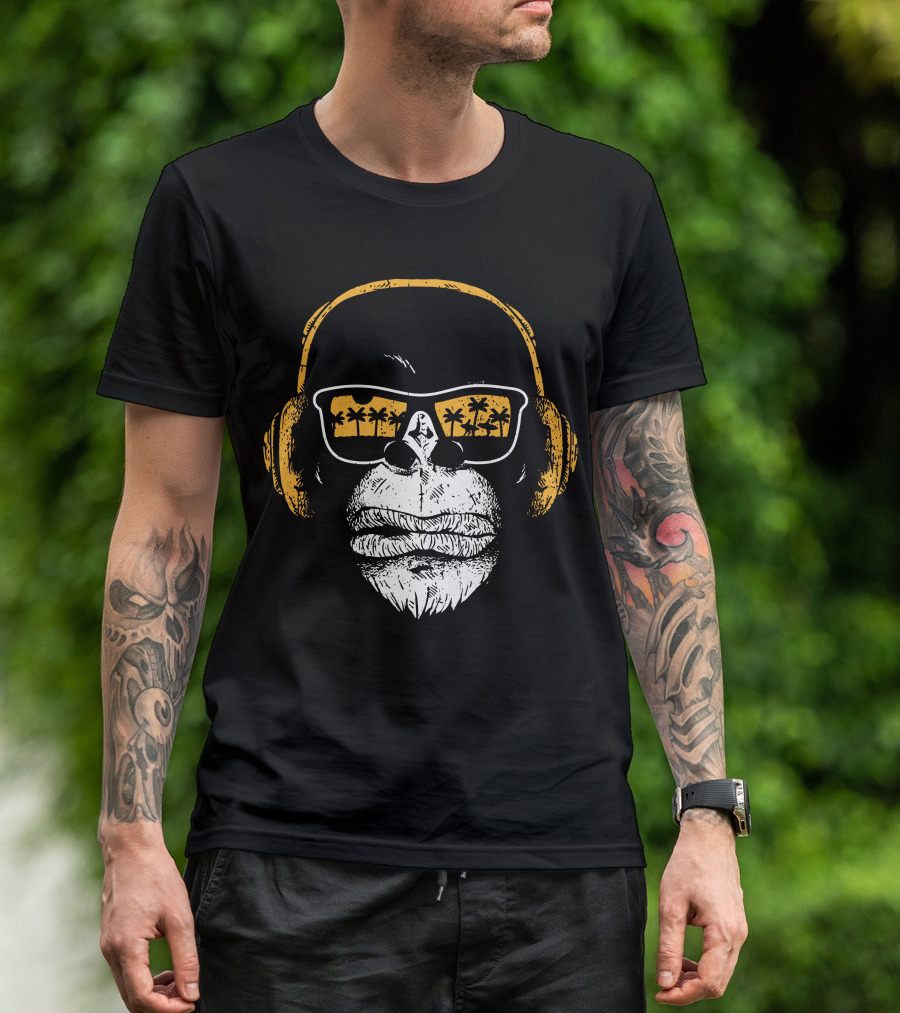 Monkey With DJ Headphones Sunglasses Palm Trees T-Shirt