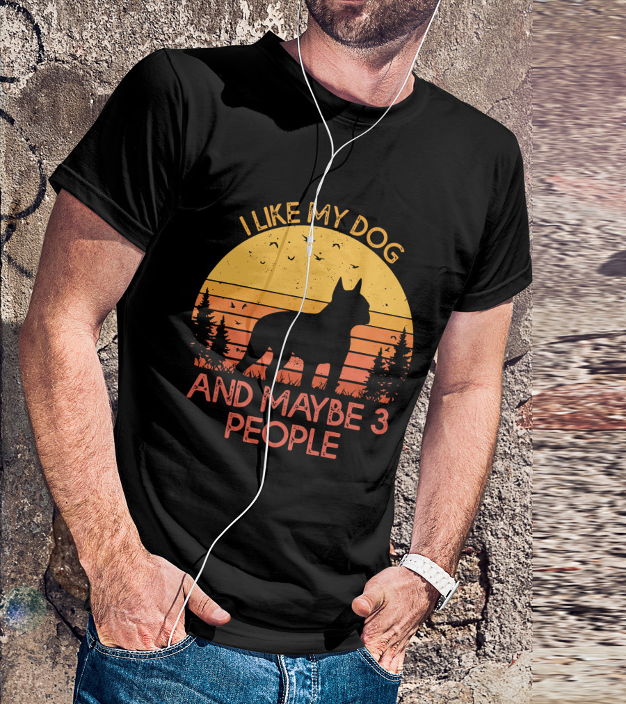 I Like My Dog And Maybe 3 People Sunset Silhouette With Trees And Birds T-Shirt