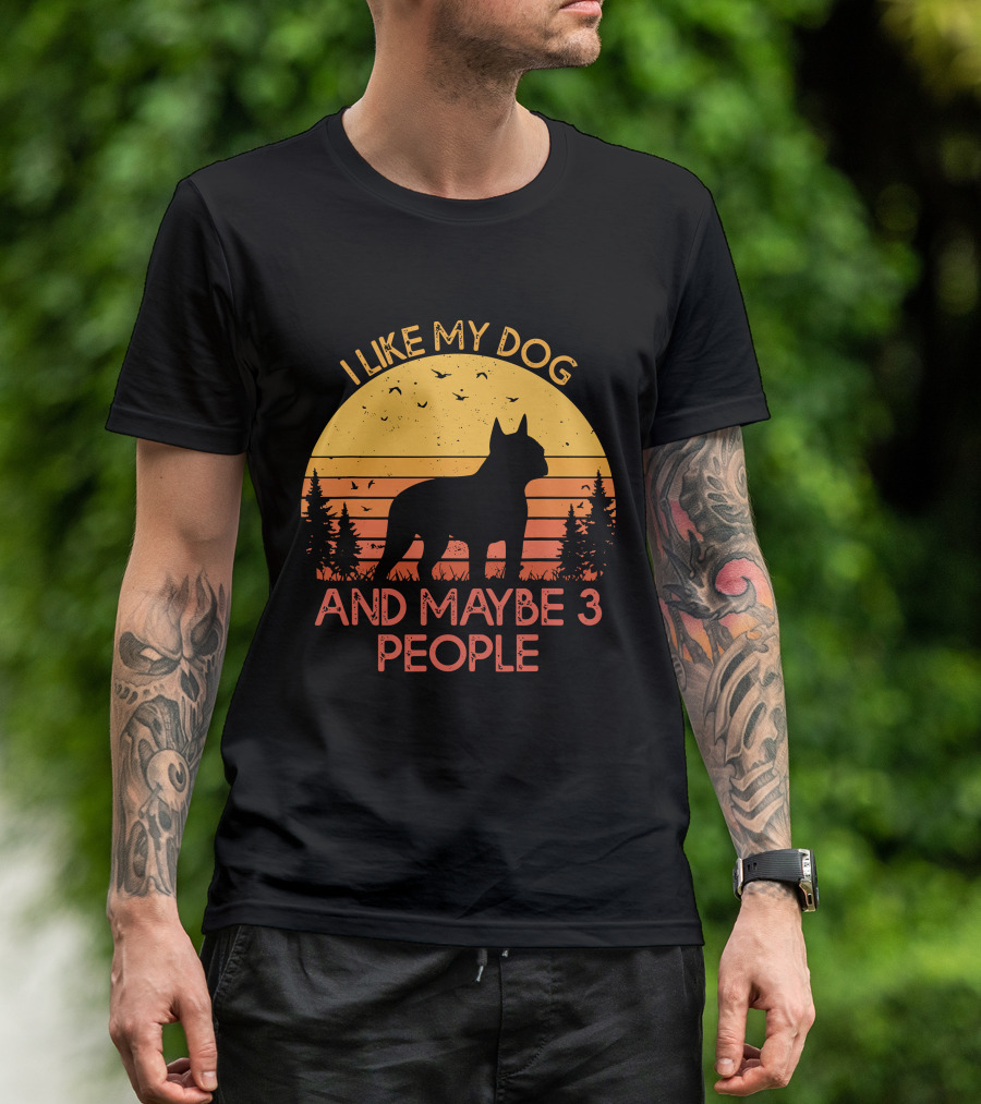 I Like My Dog And Maybe 3 People Sunset Silhouette With Trees And Birds T-Shirt