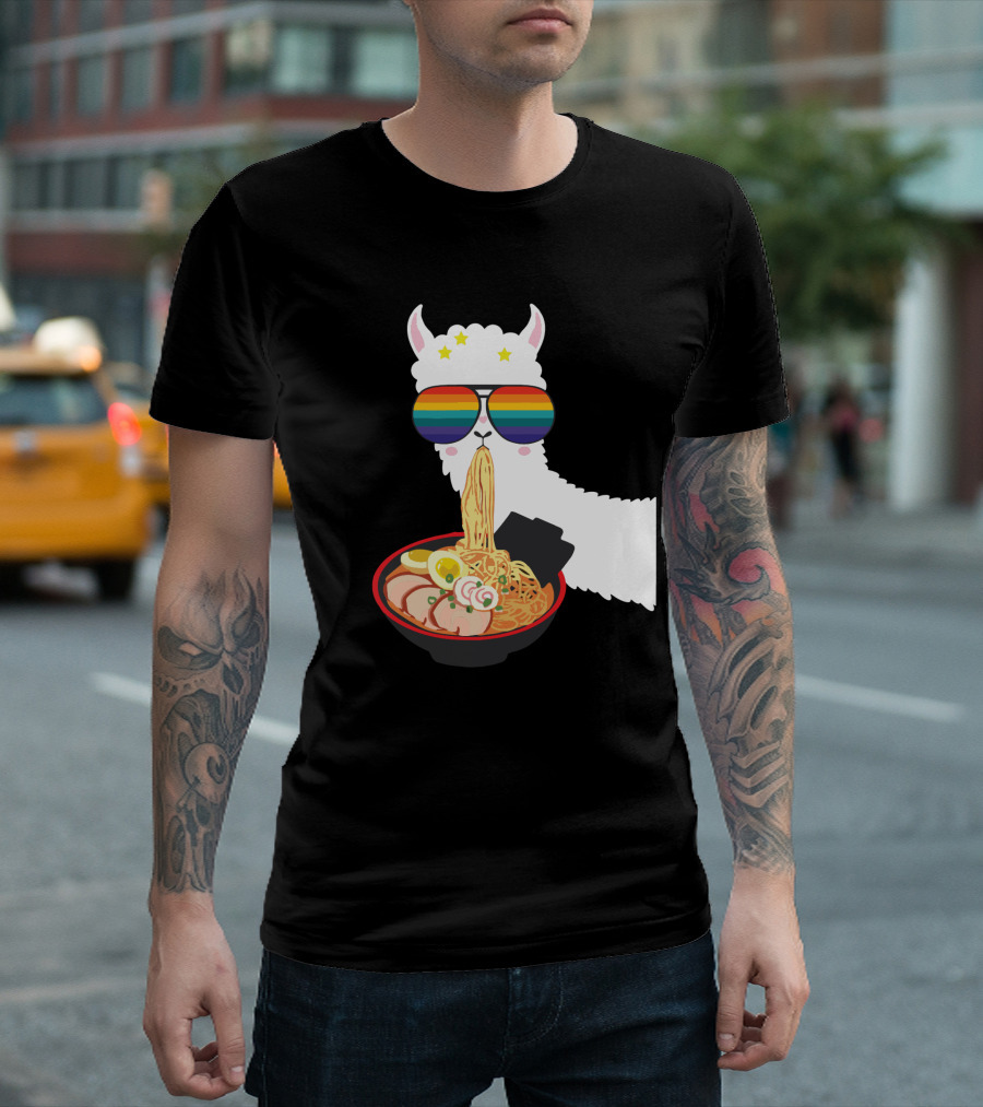 Rainbow Sunglasses LLama Eating Ramen Japanese Anime T-Shirt