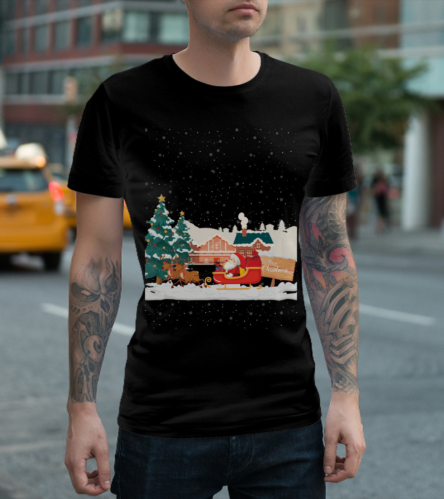 Merry Christmas Santa Claus Reindeer Sleigh Winter Scene T-Shirt