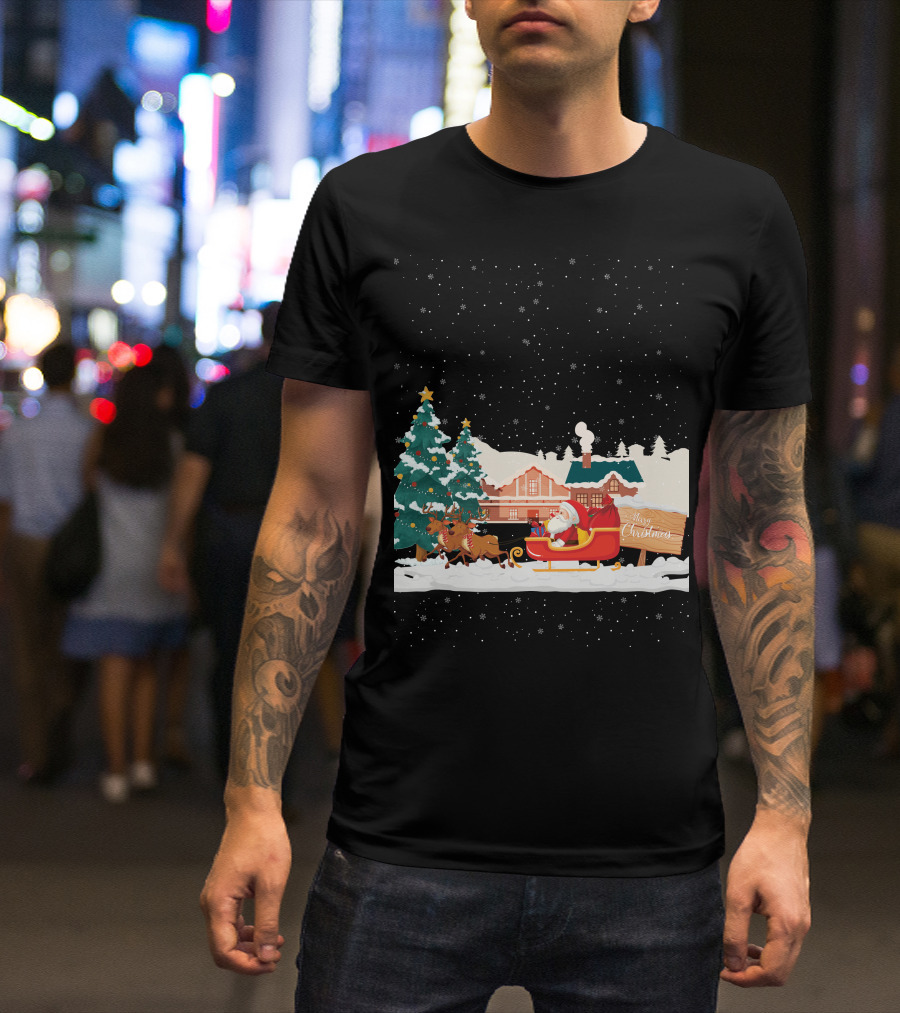 Merry Christmas Santa Claus Reindeer Sleigh Winter Scene T-Shirt