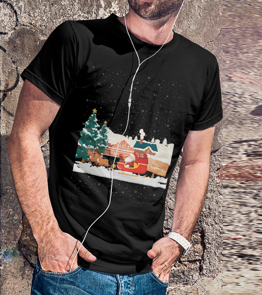Merry Christmas Santa Claus Reindeer Sleigh Winter Scene T-Shirt