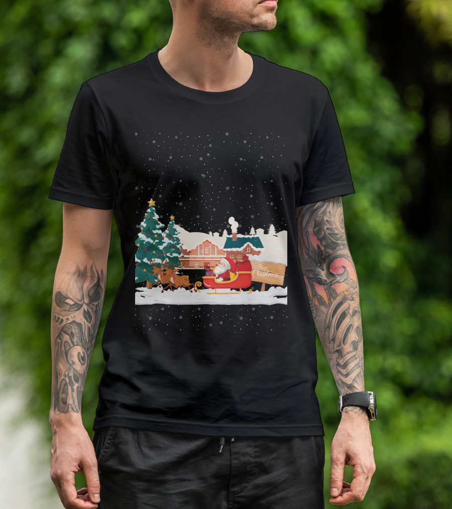 Merry Christmas Santa Claus Reindeer Sleigh Winter Scene T-Shirt