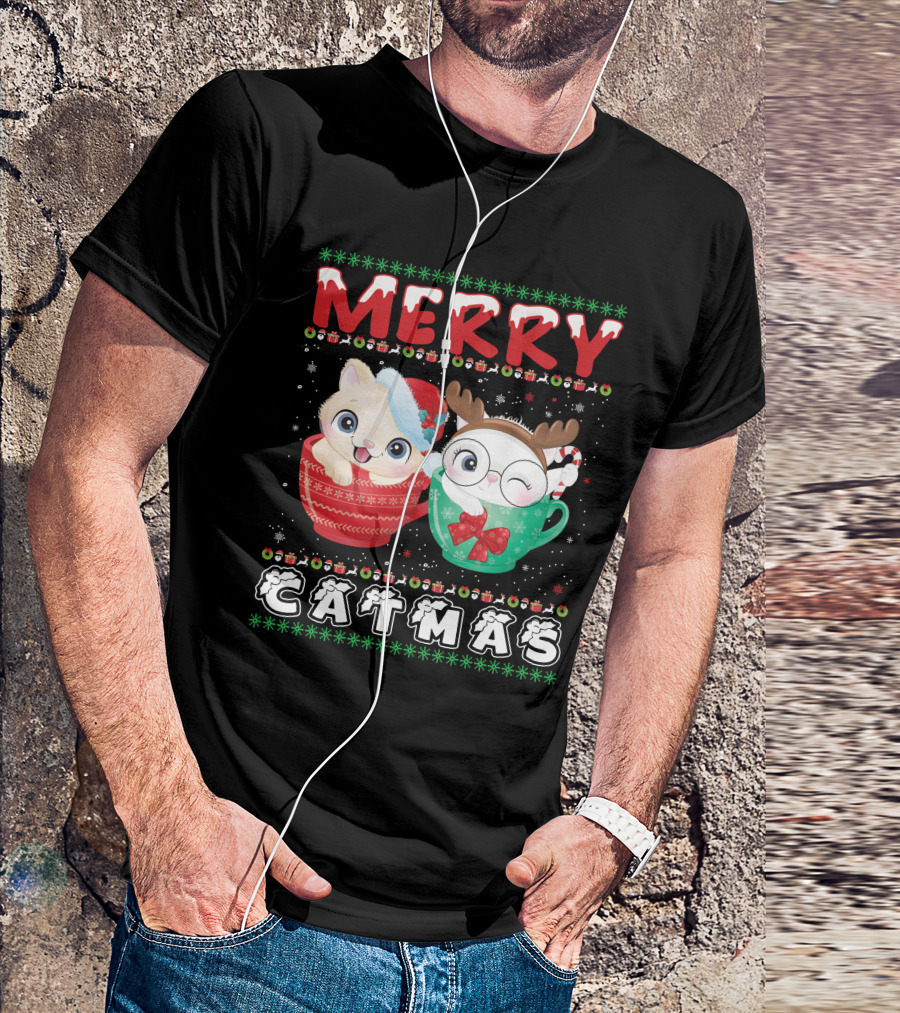 Merry Catmas With Festive Cats In Holiday Mugs T-Shirt