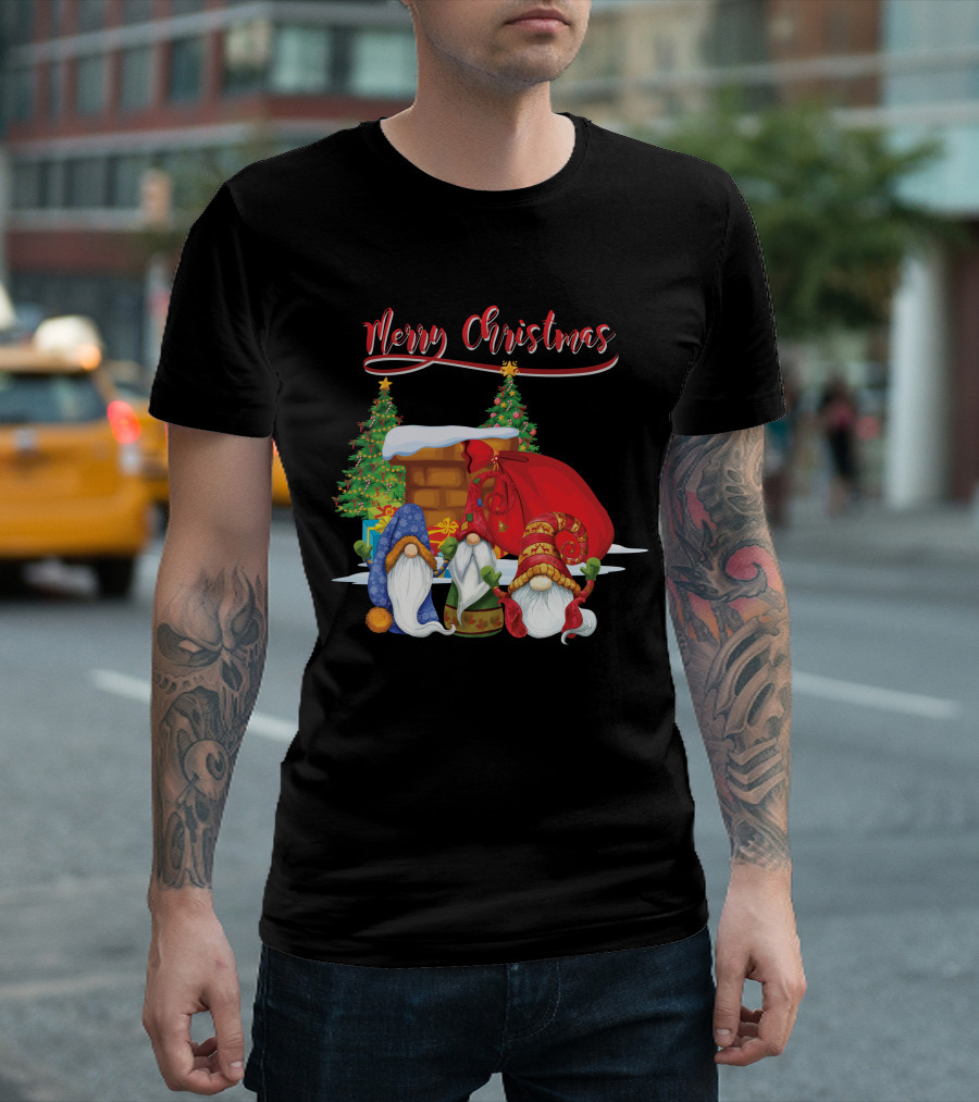 Merry Christmas Funny Gnomes With Santa's Sack And Festive Trees T-Shirt